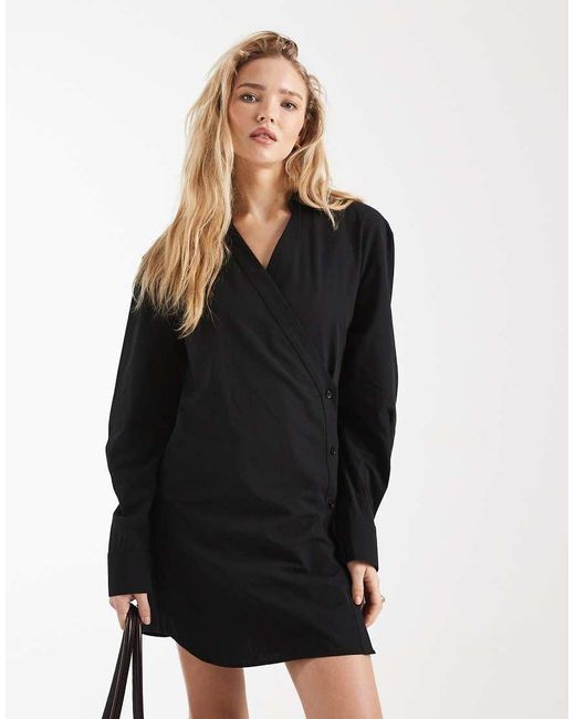ASOS Black Wrap Shirt Dress With Cocoon Sleeves