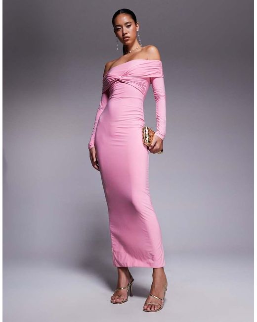 Missy Empire Pink Double Sculpted Slinky Bardot Twist Front Detail Long Sleeve Maxi Dress