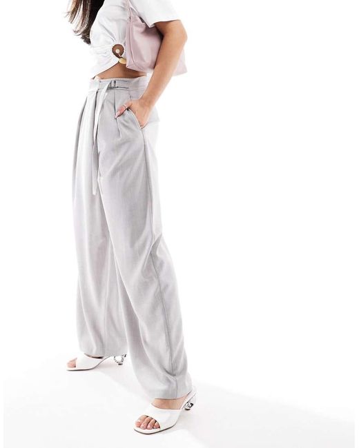 Bershka White High Waisted Tie Detail Wide Leg Tailored Trousers