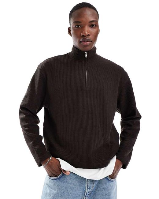 ASOS Oversized Sweatshirt Met Wafelstructuur En Kwartrits in het Black voor heren