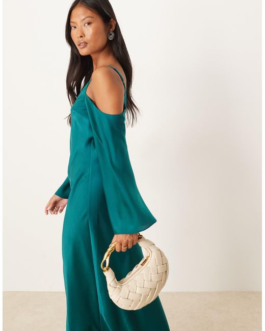 ASOS Blue Asos Design Petite Satin Long Sleeve Fallen Shoulder Cami Maxi Dress