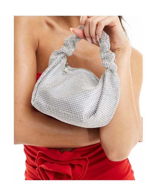 True Decadence White Crystal Shoulder Bag With Ruched Handle