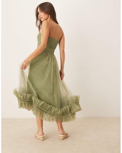 LACE & BEADS Green Corset Tulle Ruffle Hem Midaxi Dress