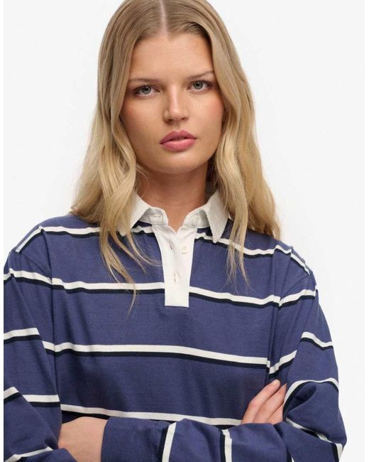 Superdry Blue Athletic Essentials Cropped Stripe Rugby Top