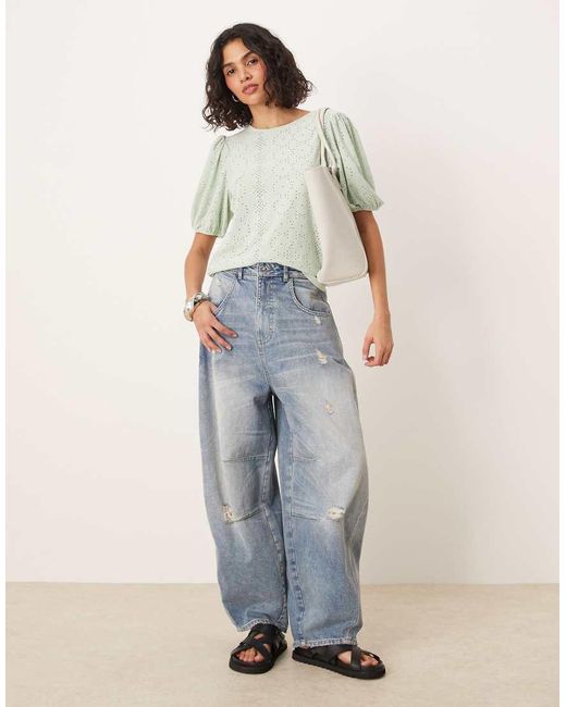 Vila T-Shirt Met Broderie En Pofmouwen in het Gray