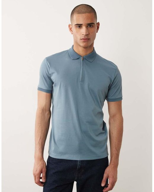 SELECTED Blue Half Zip Polo Shirt for men