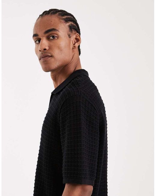 Jack & Jones Black Split Neck Knitted Polo for men