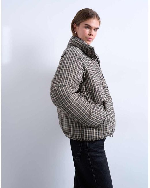 TOPSHOP Gray Micro Check Funnel Neck Puffer Jacket