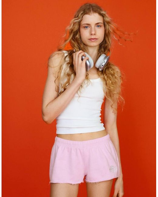 Bershka Pink Embroidered Fleece Shorts