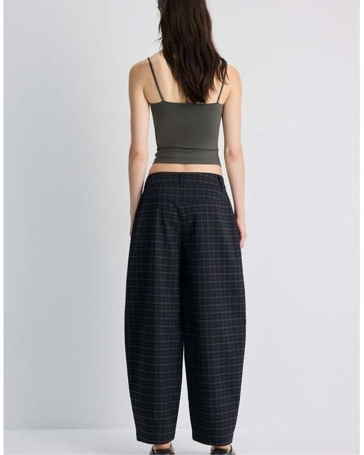 Stradivarius Blue Check Barrel Dress Trousers