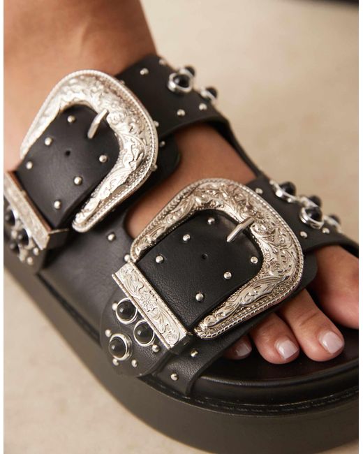 ASOS Brown Wide Fit Forward Chunky Western Buckle Footbed Sandals