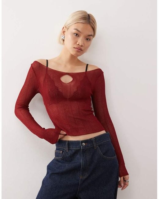 Collusion Red Off Shoulder Sheer Long Sleeve Top With Keyhole Detail