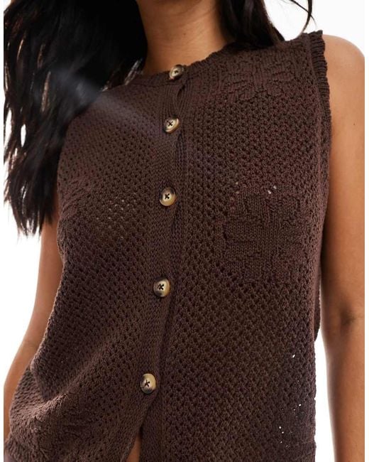 ASOS Brown Knitted Button Down Top With Flower Open Stitch