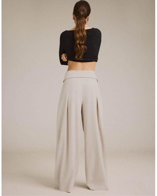 Stradivarius Brown Petite Wide-Leg Trousers With Turned-Up Waistband