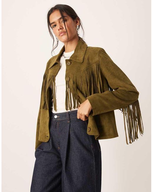 Urbancode Fringed Faux Suede Jacket in Green | Lyst UK