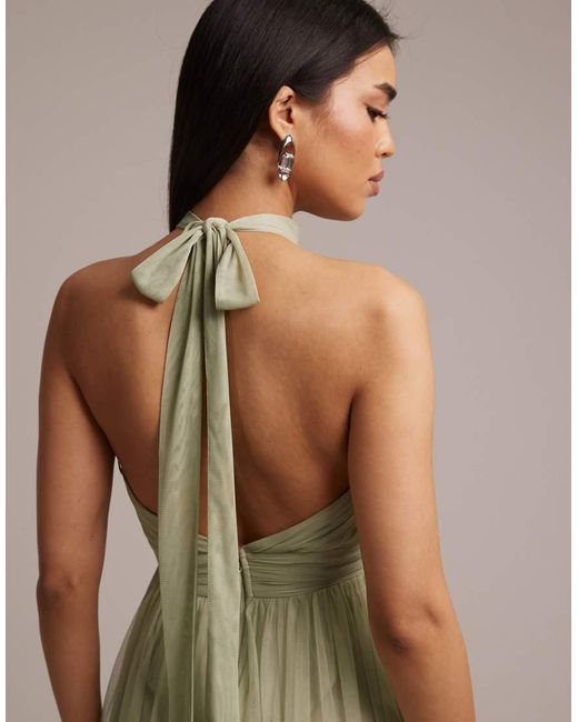LACE & BEADS Green Bridesmaid Tulle Halter Neck Midi Dress