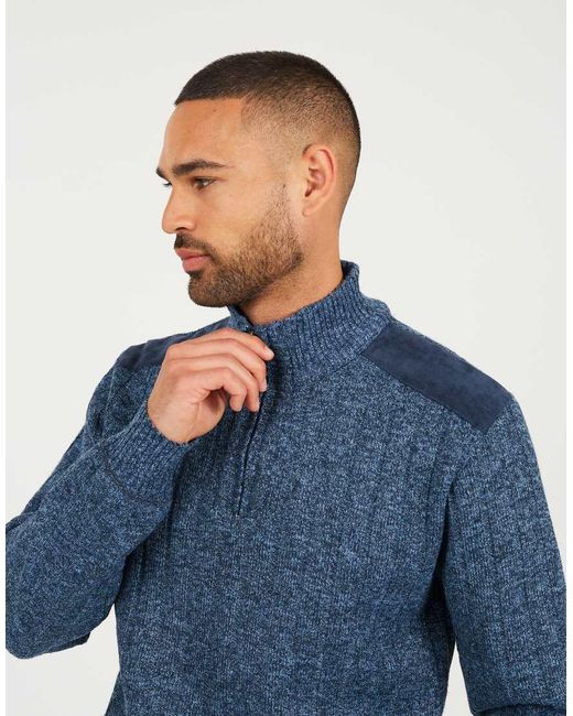 Brave Soul Blue Quarter Zip Funnel Neck Jumper for men