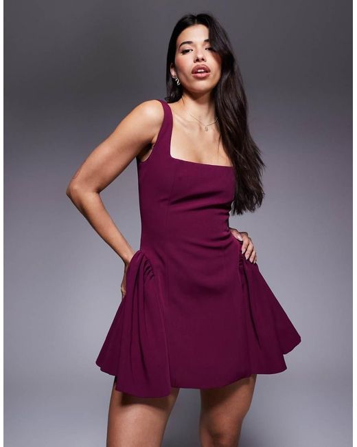 Wanderdoll Purple Sabrina Tailo Square Neck Structu Side Pleat Mini Dress