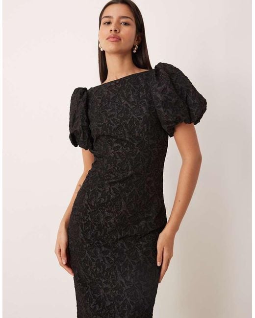 Gina Tricot Black Puff Sleeve Jacquard Print Midi Dress