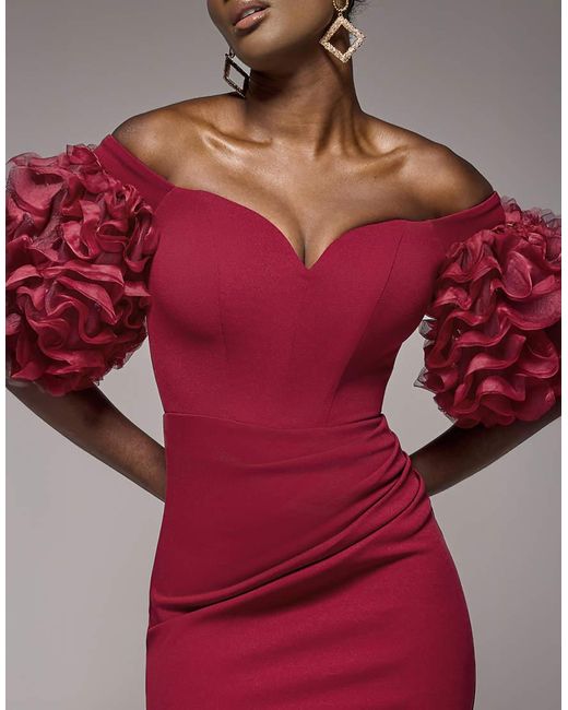 Goddiva Red Off The Shoulder 3D Puffed Sleeve Sweetheart Maxi Dress