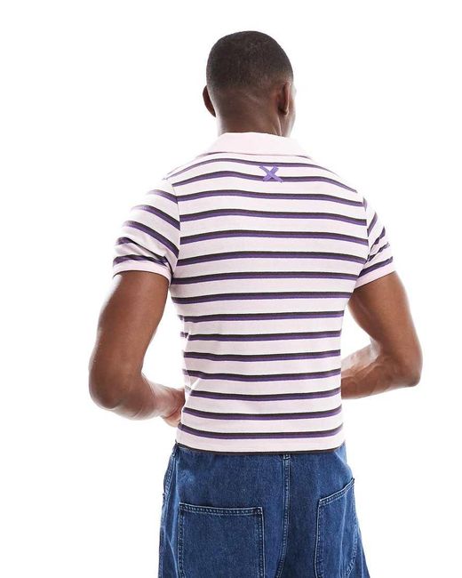 T-Shirt Stile Polo Ristretta A Righe di Collusion in Pink da Uomo