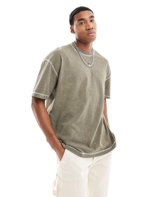 T-shirt oversize épais à coutures contrastantes - kaki délavé ASOS pour homme en coloris Gray