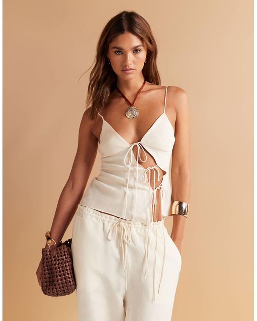 Lioness Natural Mariah Linen Blend Asymmetric Tie Detail Cami Top Co-ord
