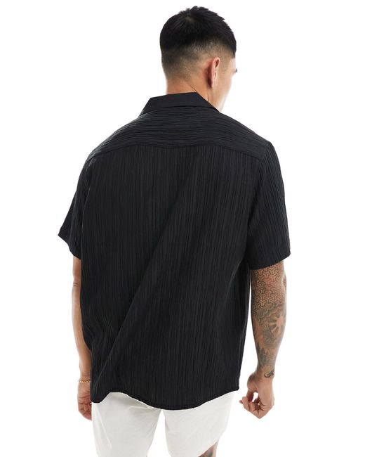 ASOS Black Relaxed Revere Crinkle Texture Shirt for men