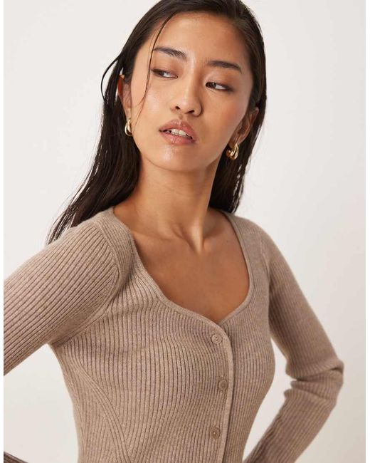 Abercrombie & Fitch Natural Long Sleeve V Neck Fitted Maxi Dress