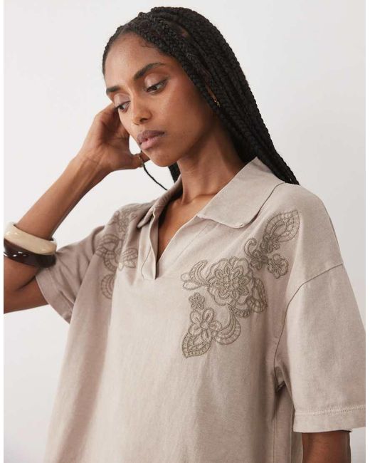 Miss Selfridge Natural Embroidered Polo Shirt Co-ord