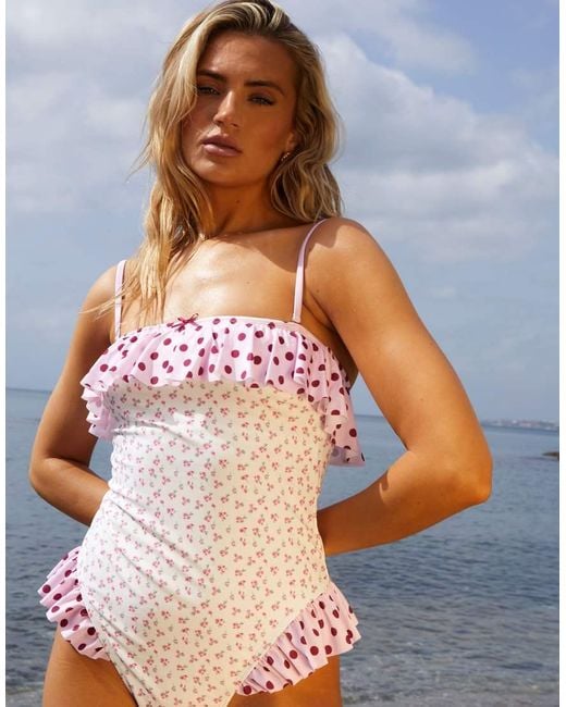 Going Somewhere White Ditsy Floral Print Bandeau Swimsuit With Contrast Frill