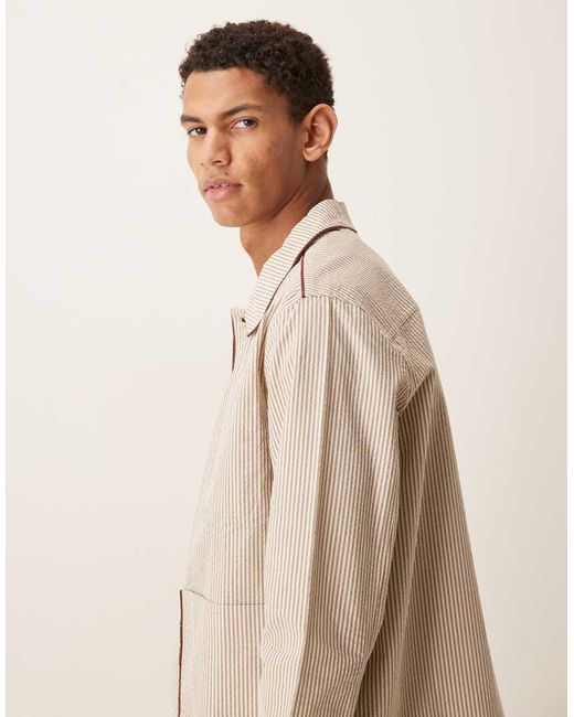 Pompeii UK Natural Pompeii Striped Structured Button Up Chore Jacket for men