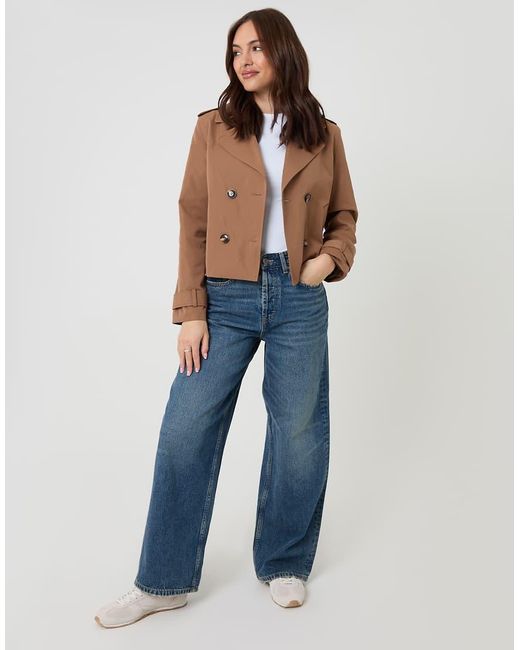 Threadbare Brown Double Breasted Cropped Trench Coat