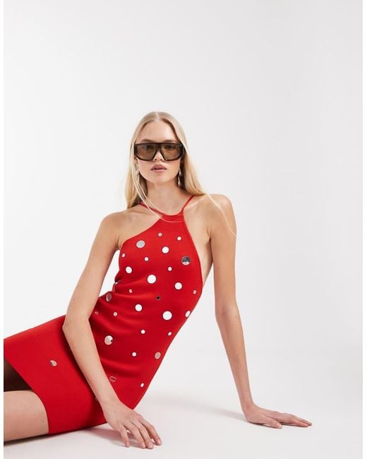 Mango Red Knit Halter Mini Dress With Disc Detail