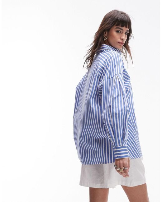 TOPSHOP Blue Extreme Panelled Cotton Stripe Shirt