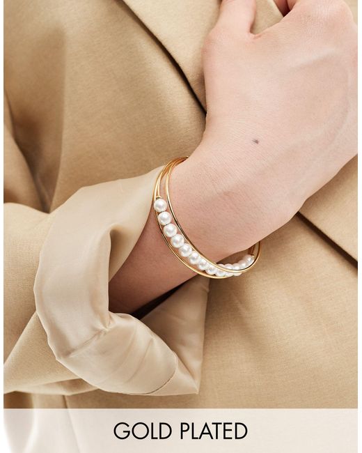 ASOS Natural Curve 14k Plated Cuff Bracelet With Faux Pearl Insert