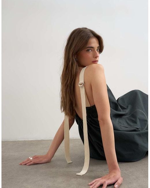 TOPSHOP Black Open Back Buckle Strap Midaxi Sundress With Contrast Topstitching