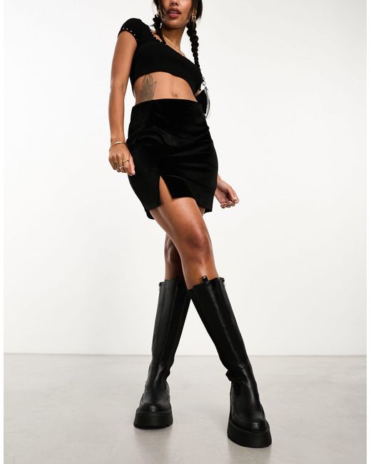 Monki Black Velvet Mini Skirt With Split Hem