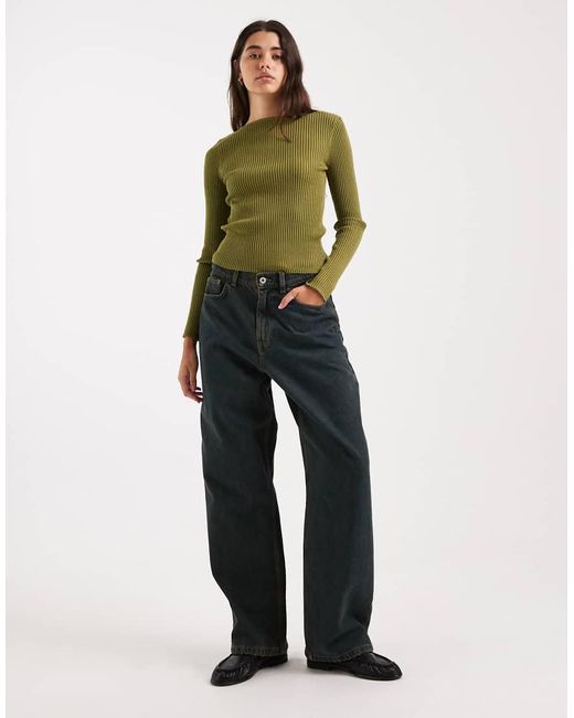 Miss Selfridge Green Knit Rib Slash Neck Long Sleeve Top