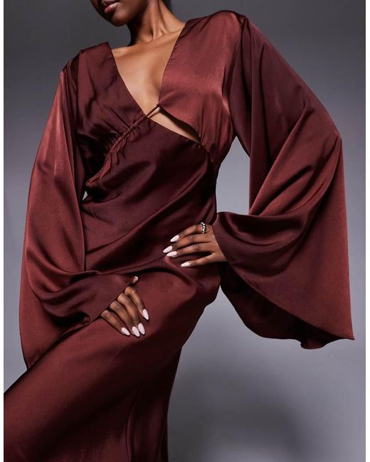 ASOS Brown Satin Asymmetric Neckline Long Sleeve Maxi Dress With Channel Detail