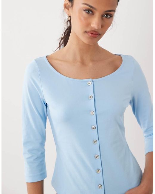 ASOS Blue Boat Neck Shaped Hem 3/4 Sleeve Cardigan