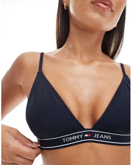 Tommy jeans - top bikini a triangolo stile brassière con fascia con logo di Tommy Hilfiger in Blue