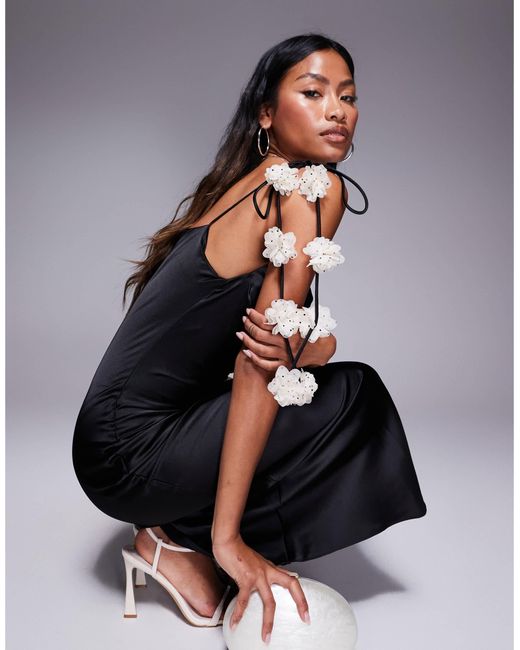 New Look Gray Corsage Strap Tie Shoulder Satin Slip Dress