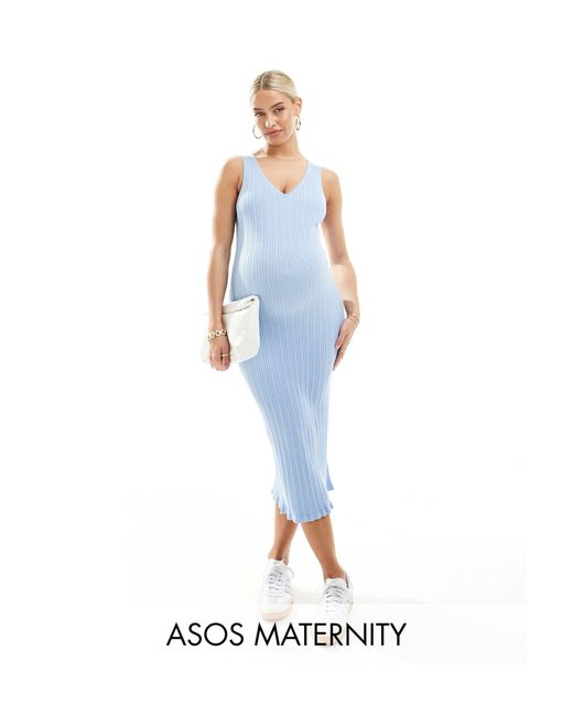 Asos design maternity - vestito blu con spalline sottili, scollo a v e gonna al polpaccio di ASOS in Blue