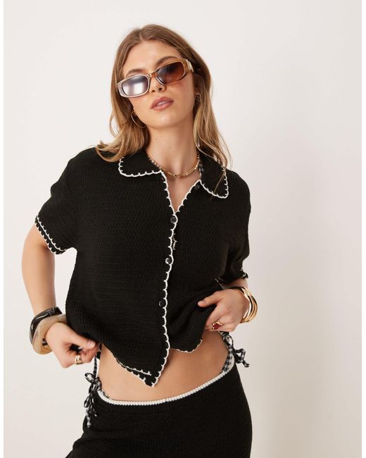 ASOS Black Knitted Beach Co Ord Button Through Top With Contrast Scallop Stitch