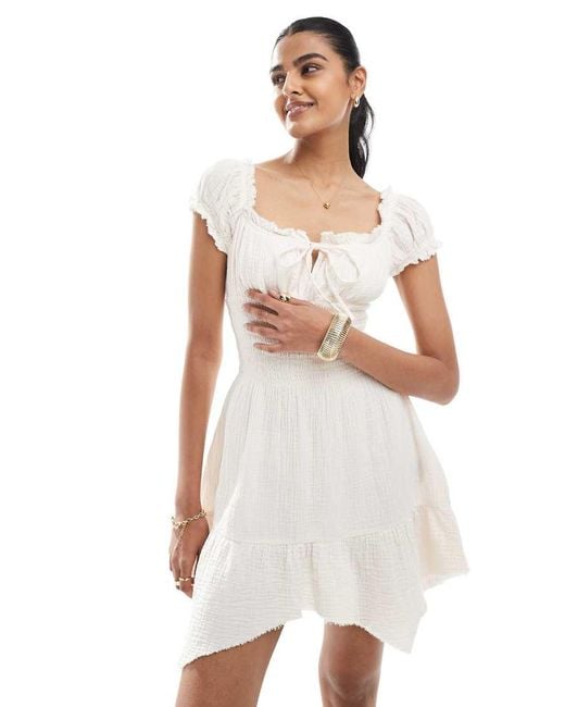 Bershka White Shirred Milkmaid Mini Dress