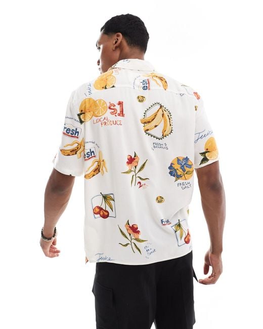 Hollister White Thrifted Short Sleeve Revere Collar Tropical Produce Print Rayon Shirt for men
