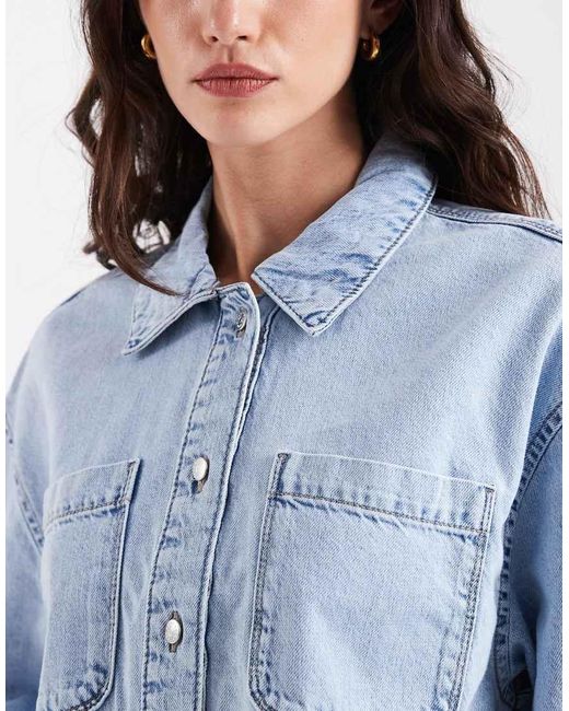 ONLY Blue Boxy Cropped Denim Shirt
