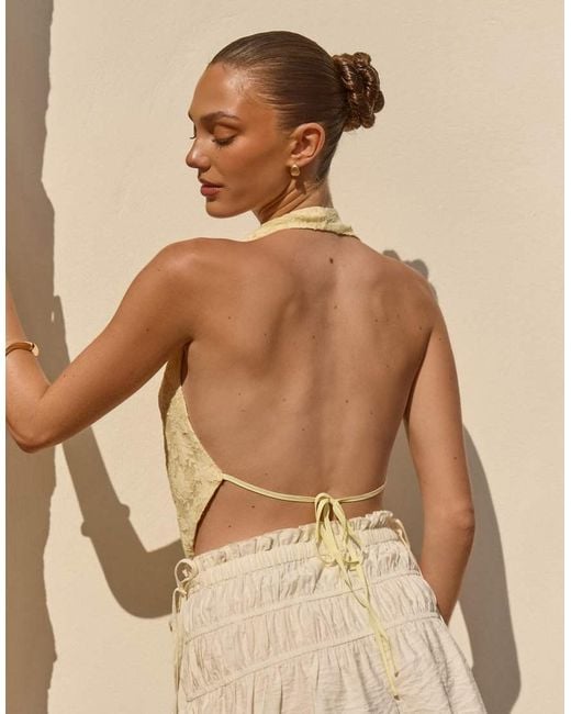 The Frolic Natural Exclusive Textured Jacquard Deep Plunge Cowl Neck Backless Top