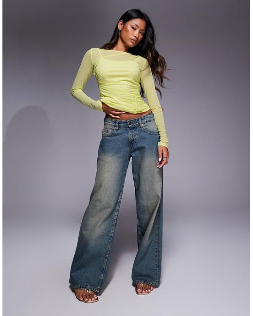 River Island Yellow Slash Neck Ruched Mesh Top